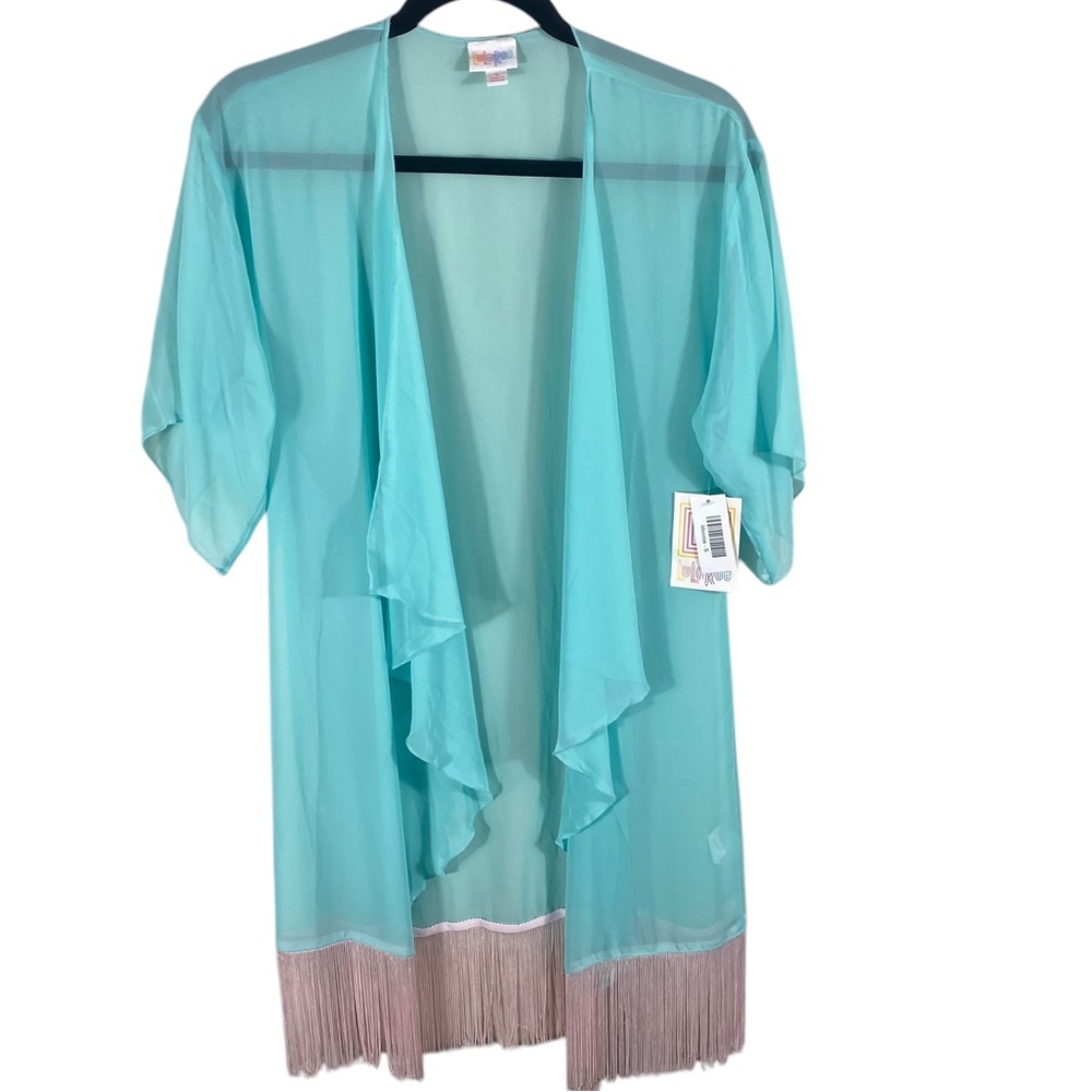 Lularue Sheer Aqua Monroe Kimono with Fringe NWT